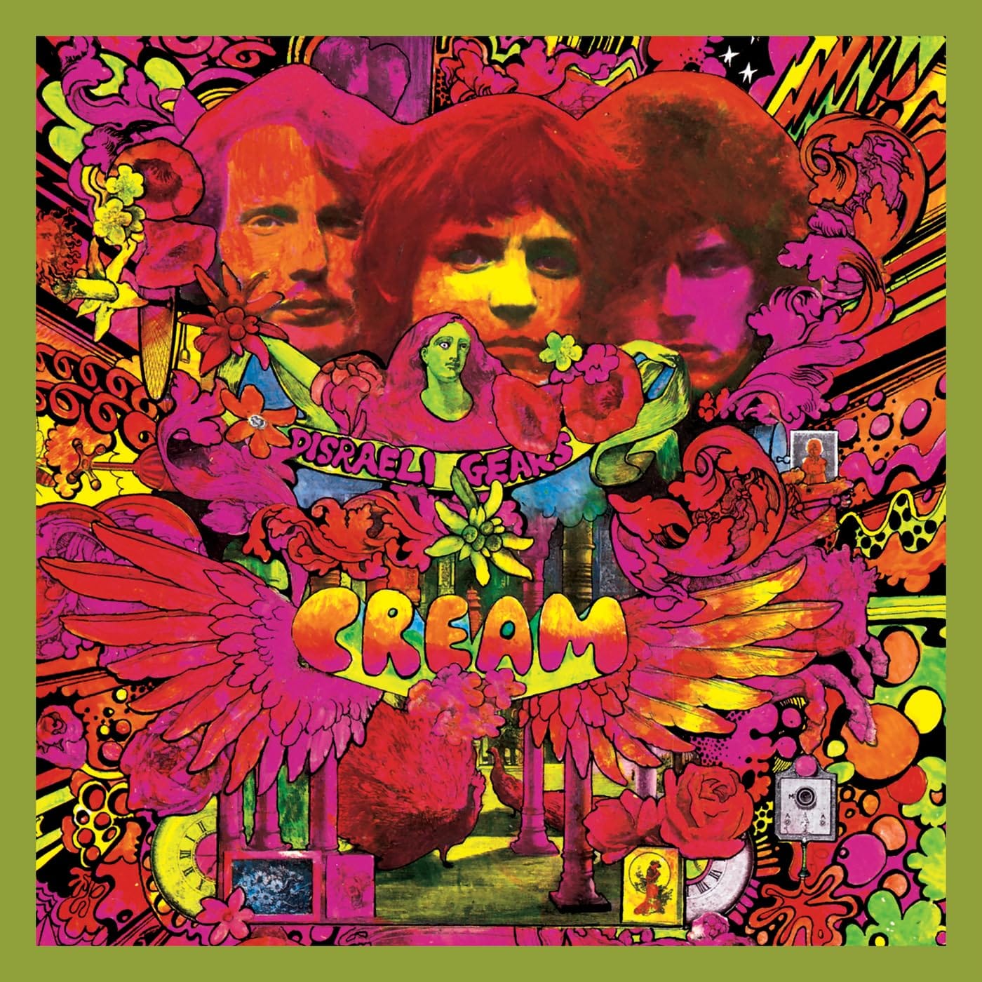Cream Disraeli Gears album cover artwork designed by Martin Sharp featuring a vibrant, fluorescent neon pink and orange psychedelic collage with dense floral swirls, a green-faced woman, and the stylized faces of Eric Clapton, Jack Bruce, and Ginger Baker emerging from the background.