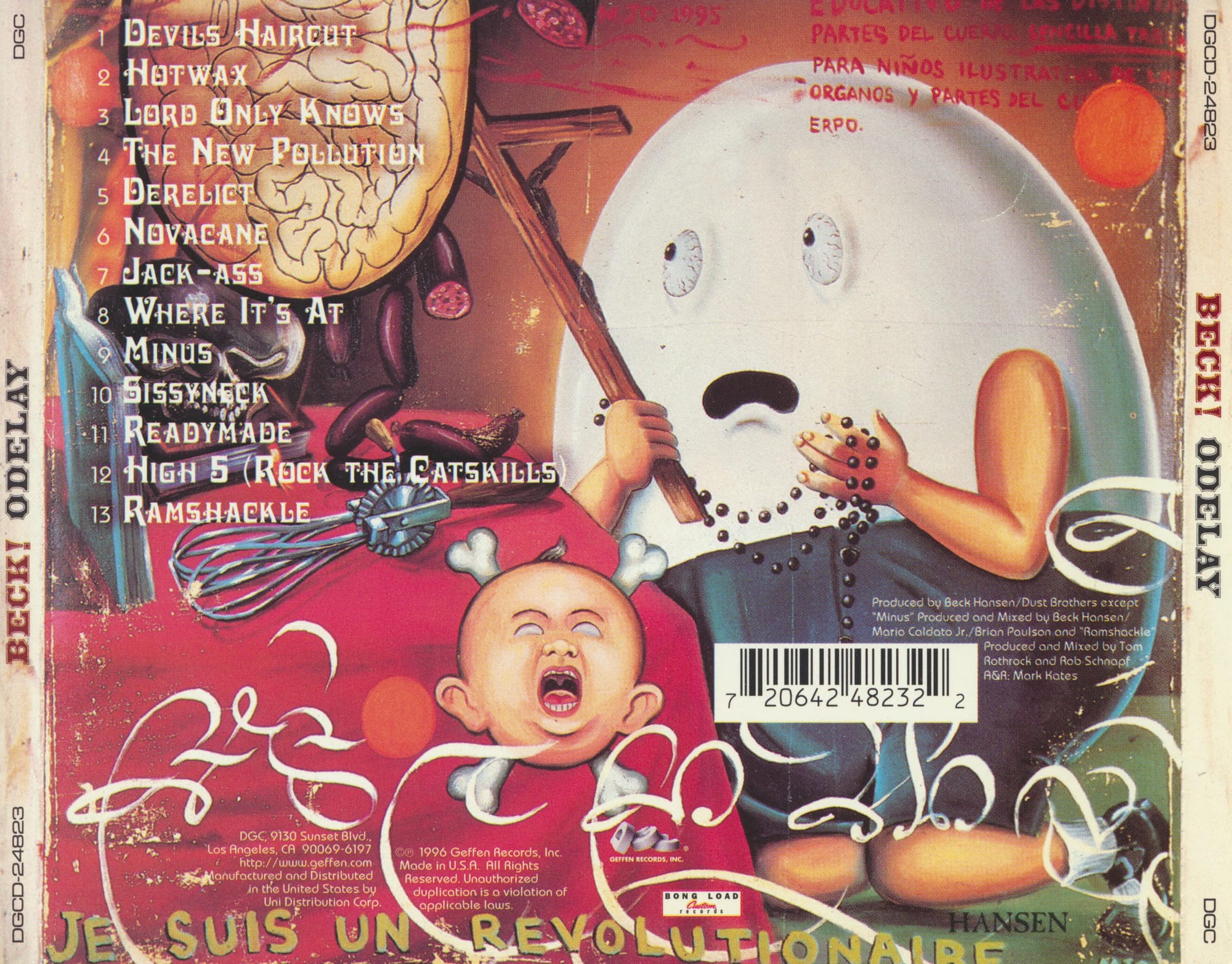 Back cover of Beck's Odelay, showing the tracklist in ornate script lettering, with Beck's surname "Hansen" printed in small type in the lower corner.