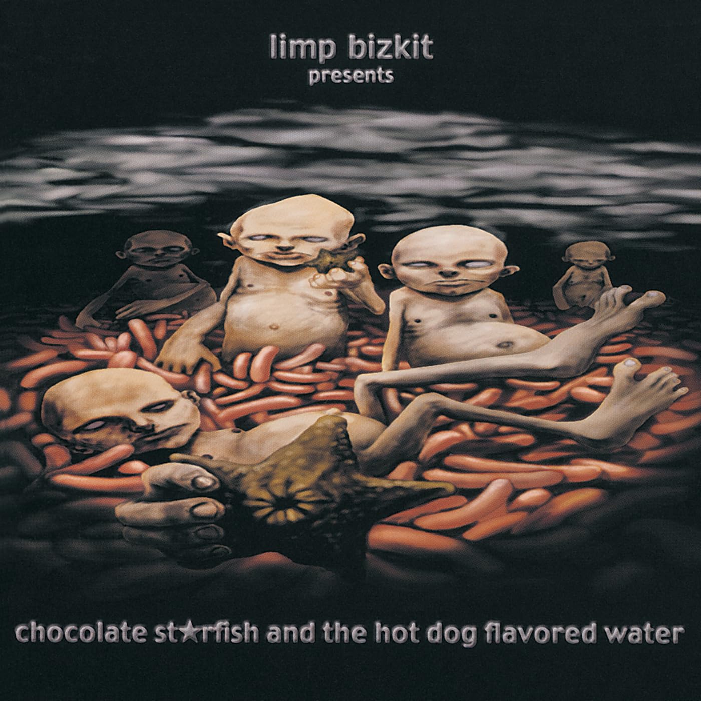 Limp Bizkit Chocolate Starfish and the Hot Dog Flavored Water album cover from 2000, showing surreal pale humanoid creatures and starfish-like figures lounging in dark, hot-dog-filled water, with the album title in stylised lettering and a Parental Advisory label in the lower corner