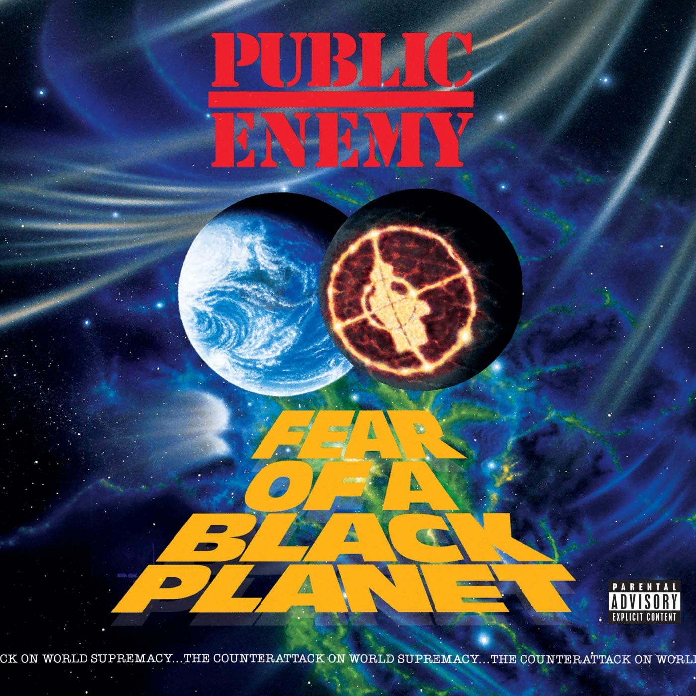 Fear of a Black Planet album cover by Public Enemy, featuring a black planet and the Public Enemy logo eclipsing Earth