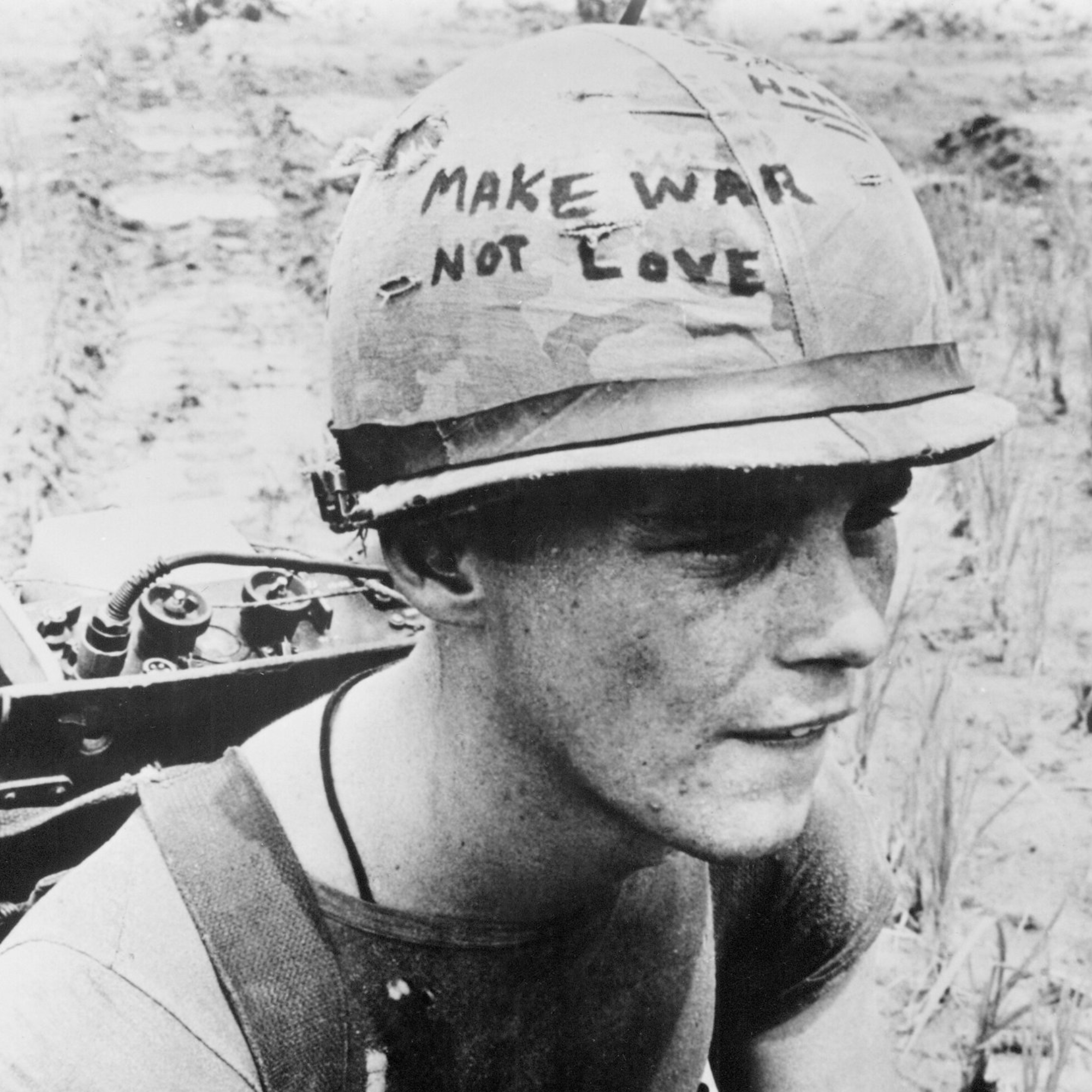 Corporal Michael Wynn, a 20-year-old American Marine photographed on September 21, 1967 with the original inscription on his helmet 'make war not love' that was edited for the smiths album cover