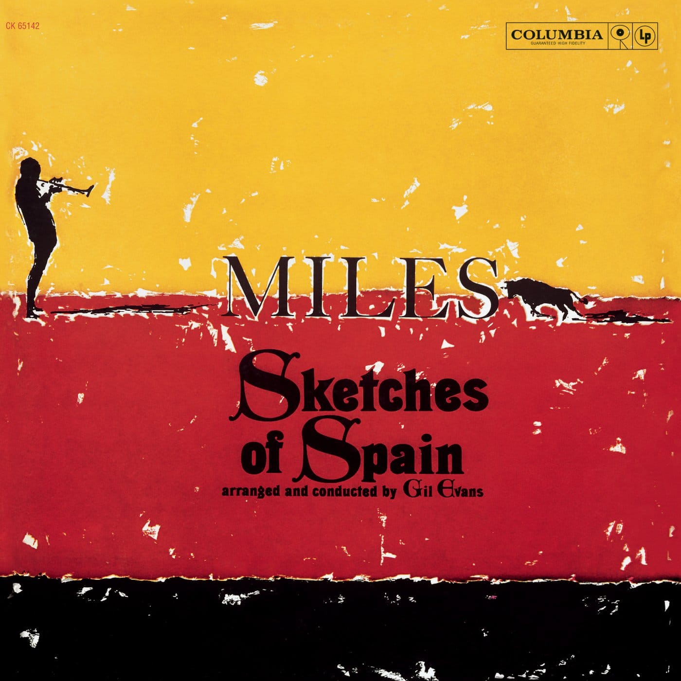 Front cover of Miles Davis’s 1960 Columbia album Sketches of Spain, featuring a stylised illustration of Davis as a silhouetted trumpeter facing a charging bull, with bold “MILES” typography across a warm, Spanish‑themed background.