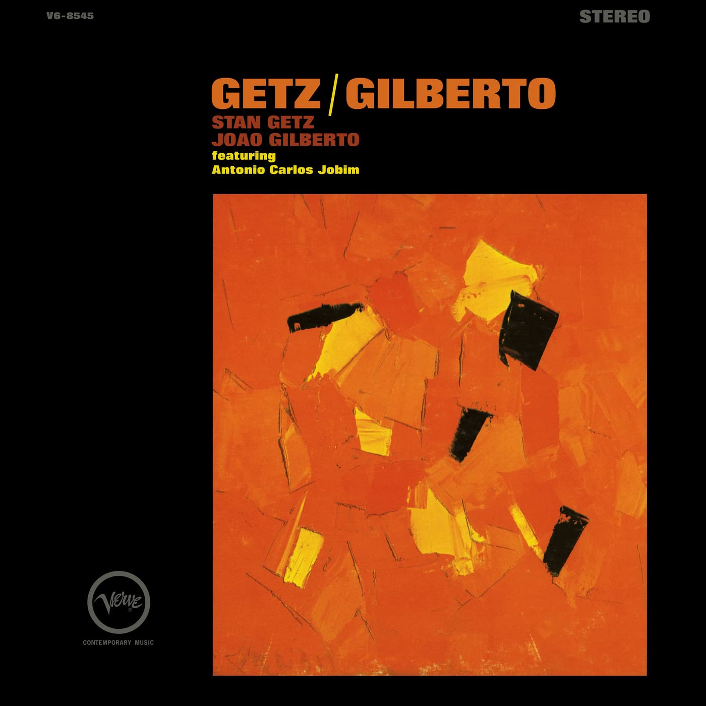 Front cover of the 1964 Verve album Getz/Gilberto by Stan Getz and João Gilberto, featuring Puerto Rican abstract expressionist Olga Albizu’s painting “Alla Africa” in warm, gestural brushstrokes on a black background with bold orange “GETZ/GILBERTO” typography.