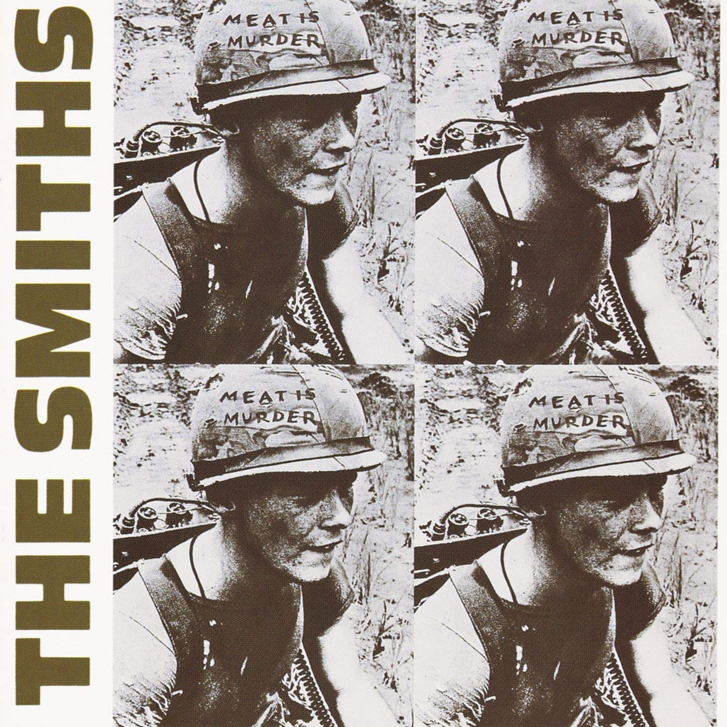 The Smiths Meat Is Murder US album cover artwork, showing sixteen repeated black-and-white panels arranged in a four-by-four grid, each depicting a young man eating a piece of meat, with white text identifying the band and album