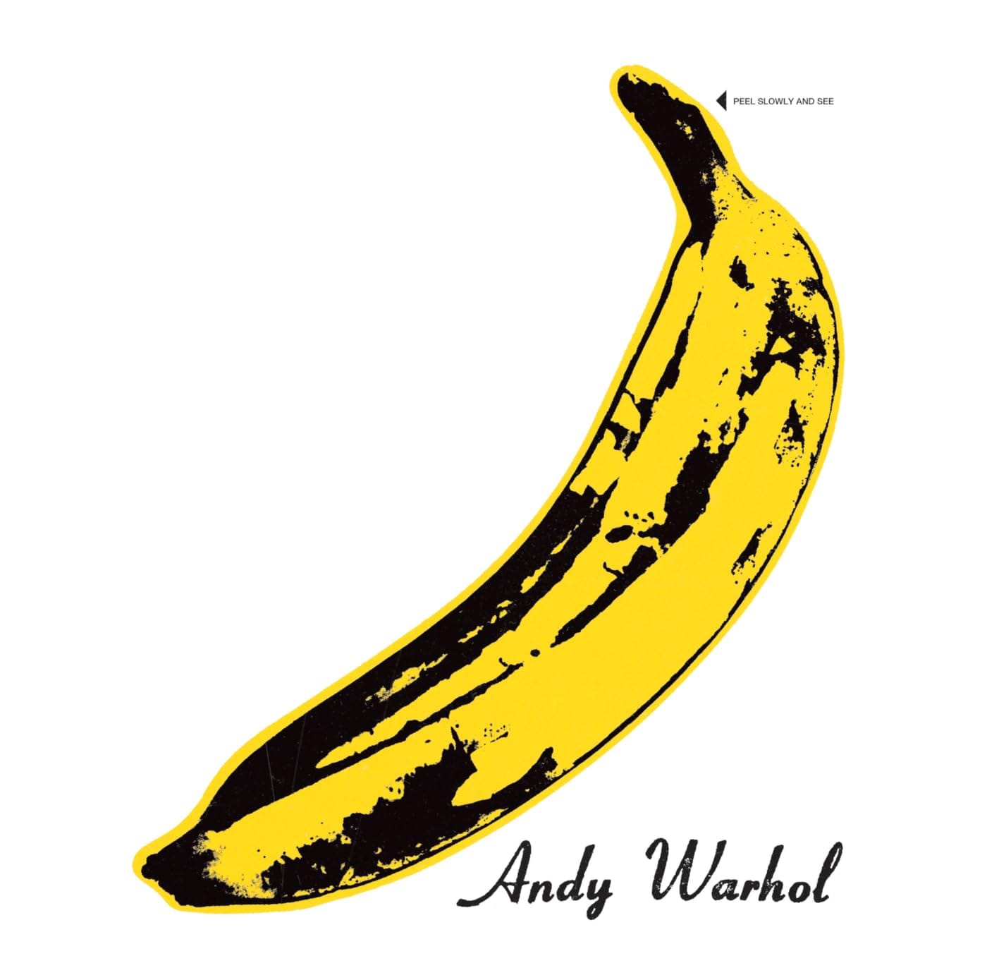 Front cover of The Velvet Underground & Nico’s 1967 debut album, featuring Andy Warhol’s iconic pop‑art design: a single yellow banana on a stark white background with his printed signature and the instruction “Peel slowly and see,” originally implemented as a peelable sticker that revealed a pink, flesh‑coloured banana beneath.