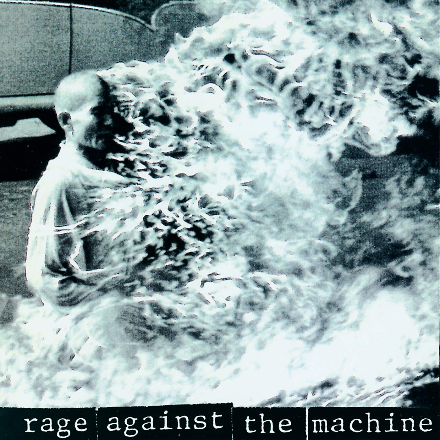 Front cover of Rage Against the Machine’s 1992 self‑titled debut album, featuring Malcolm Browne’s Pulitzer‑winning photograph of Vietnamese Buddhist monk Thích Quảng Đức during his 1963 self‑immolation protest in Saigon.