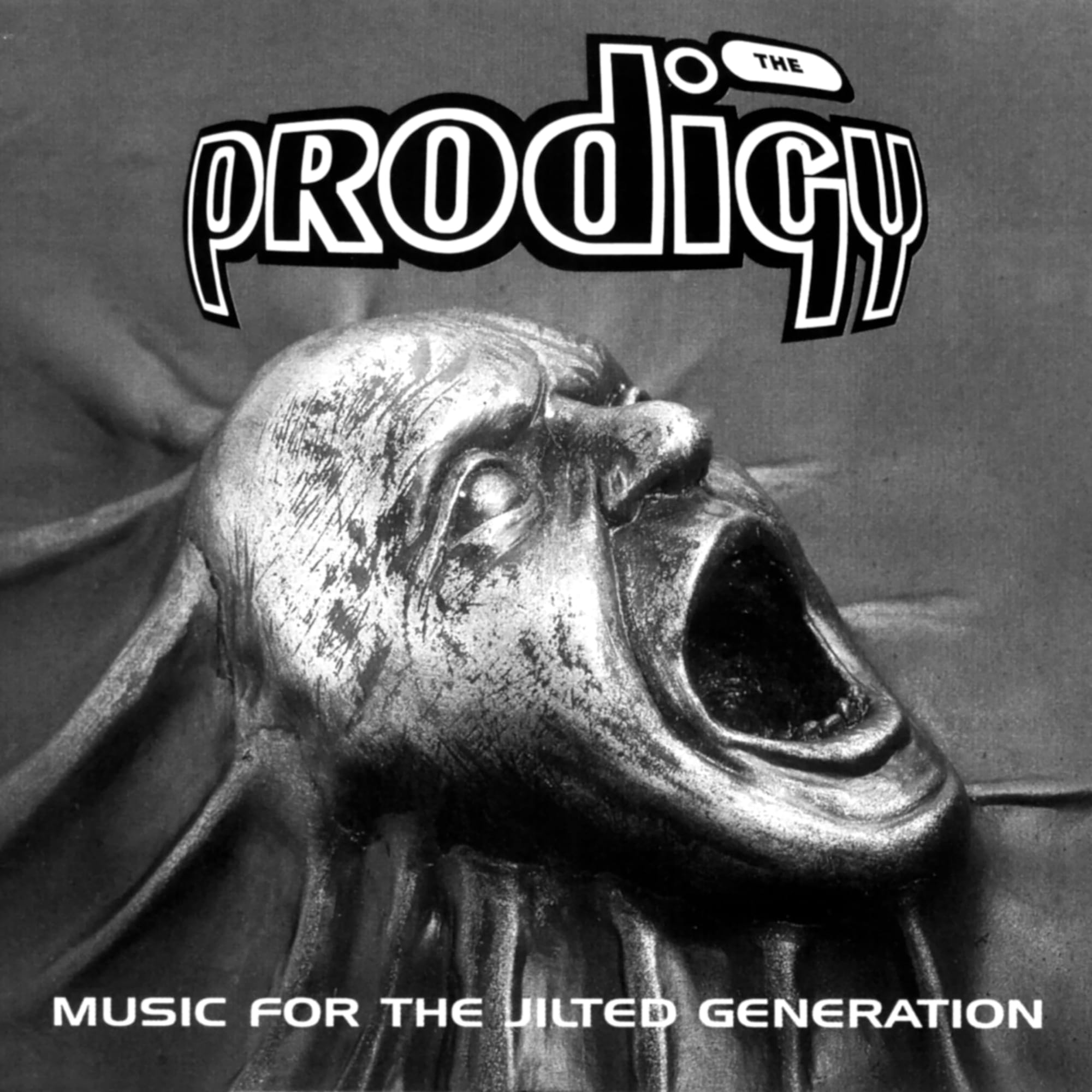 Tormented face that looks cast in metal, on the cover of The Prodigy's Music for the Jilted Generation.