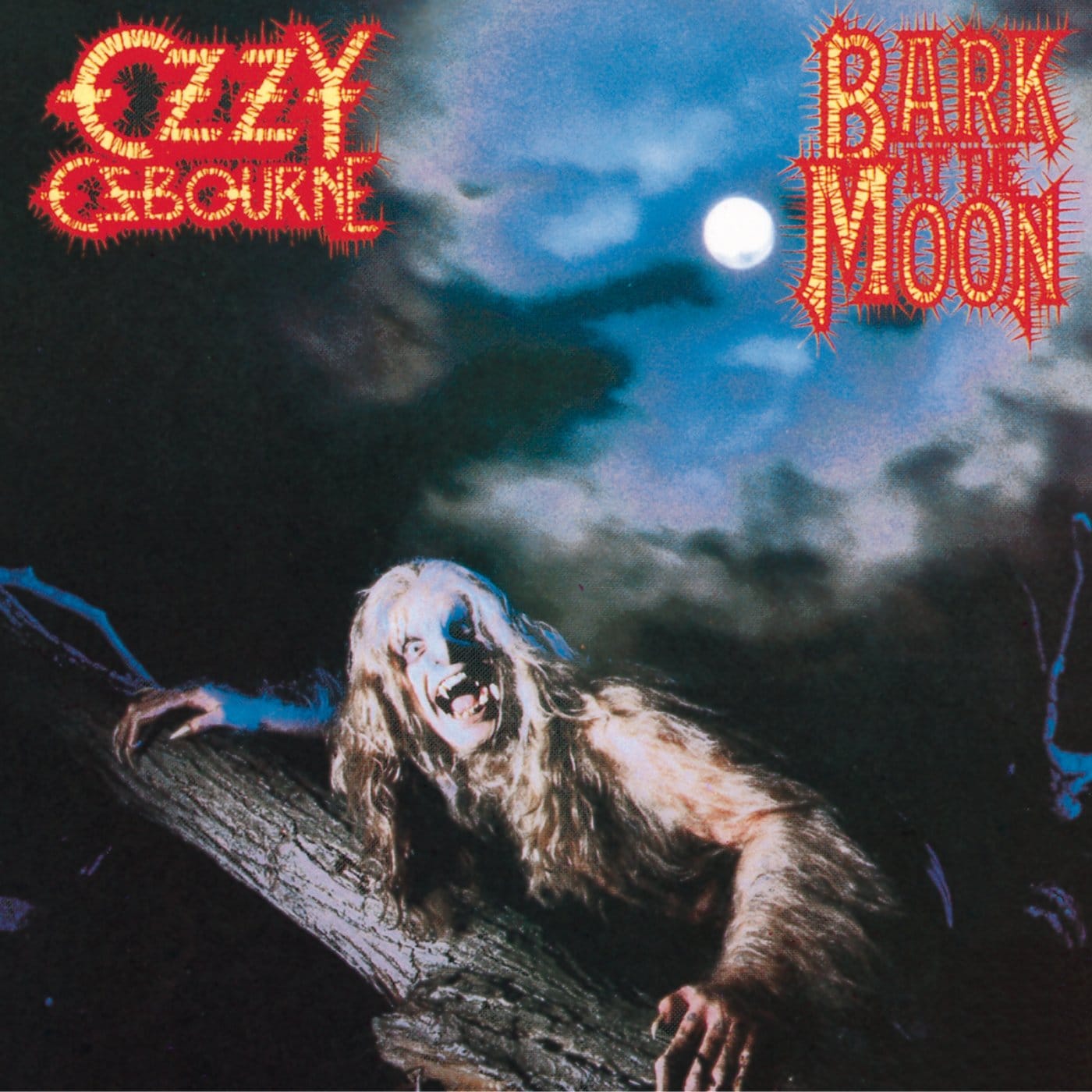 Ozzy Osbourne in full werewolf makeup, snarling, on the cover of his 1983 album Bark at the Moon.