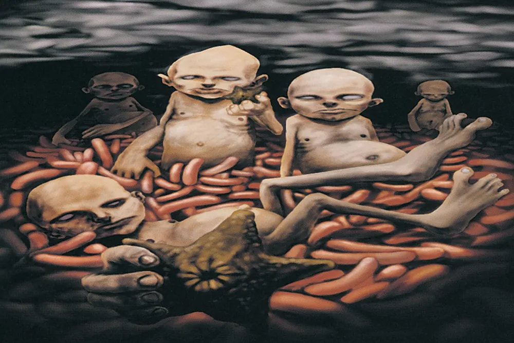 Limp Bizkit's Chocolate Starfish and the Hot Dog Flavored Water album cover, featuring pale humanoid figures with elongated limbs and starfish-like forms floating among red hot dogs