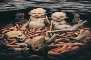 Limp Bizkit's Chocolate Starfish and the Hot Dog Flavored Water album cover, featuring pale humanoid figures with elongated limbs and starfish-like forms floating among red hot dogs