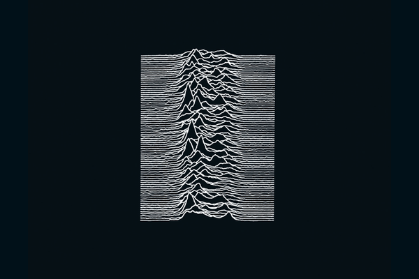 An iconic minimal design featuring a white, stacked line graph of radio waves from pulsar CP 1919 centered against a solid black background.